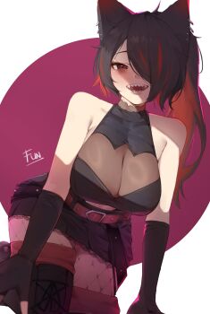 black_hair blush breasts character_request cleavage gloves multicolored_hair red_eyes red_hair shadow sharp_teeth teeth theflatfacadeds