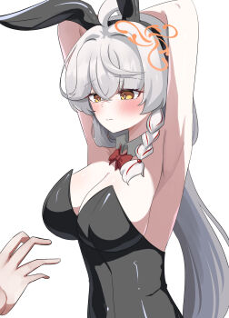 Rule 34 | 1girl, 1other, absurdres, ahoge, alternate costume, animal ears, armpits, arms behind head, black leotard, blue archive, blush, bow, bowtie, braid, breasts, cleavage, closed mouth, commentary request, detached collar, eri (blue archive), fake animal ears, grey hair, hair between eyes, halo, highres, korean commentary, large breasts, leotard, long hair, looking at hand, orange eyes, orange halo, playboy bunny, red bow, red bowtie, sabnak66, simple background, single braid, strapless, strapless leotard, upper body, white background