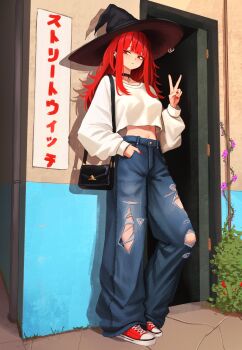 1girl baggy_pants black_bag black_choker black_hat breasts choker commentary crop_top denim english_commentary full_body hand_in_pocket hand_up hat highres jeans long_hair looking_at_viewer medium_breasts nail_polish navel original pants red_eyes red_hair red_nails red_shoes revision shirt shoes sidelocks sneakers solo standing torn_clothes torn_jeans torn_pants translation_request v val_(yan_kodiac) white_shirt witch_hat yan_kodiac
