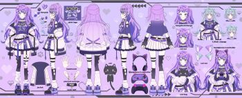 1girl allymidorikawa animal animal_ear_fluff animal_ear_headphones animal_ears bandaid belt black_arm_warmers black_belt black_shirt black_thighhighs blue_eyes blue_hair blush broken_heart broken_heart_hair_ornament cat cat_ear_headphones cat_ears cieste commentary controller earrings echo_hachiko english_commentary english_text fake_animal_ears full_body game_controller grey_eyes hair_ornament hairclip headphones heart heterochromia highres holding holding_animal holding_cat holding_controller holding_game_controller jacket jewelry long_hair multiple_belts multiple_views official_art one_side_up open_clothes open_jacket paw_print pleated_skirt purple_belt purple_hair purple_shoes purple_theme second-party_source shirt shoes single_thighhigh skirt thighhighs very_long_hair virtual_youtuber white_jacket white_skirt