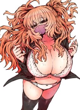 1girl ahoge aroused black_jacket black_mask black_thighhighs blonde_hair bra breasts cleavage covered_mouth hair_between_eyes highres huge_breasts jacket large_breasts long_hair long_sleeves looking_at_viewer mask mouth_mask open_clothes open_jacket panties sasagi_mia shirt simple_background solo ss_kabushikigaisha sweat thighhighs twintails underwear very_long_hair white_background white_bra white_panties zyugoya