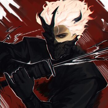1boy black_eyes black_gloves black_robe broken_mask clenched_hand gloves hands_up highres holding holding_sword holding_weapon horns logicsterrr looking_at_viewer male_focus mask oni_mask partially_shaded_face robe serious shadow_slave short_hair shoulder_pads solo sunny_(shadow_slave) sword weapon white_hair