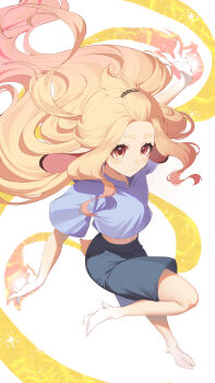 1girl :3 absurdres animal_ears blonde_hair brown_eyes commentary english_commentary highres hooves long_hair midriff navel original sakotach shorts solo tail thick_thighs thighs