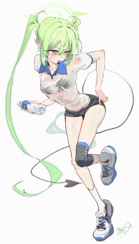 1girl absurdres alternate_costume alternate_hairstyle black_shorts blue_archive breasts dan_nako demon_tail full_body green_hair green_halo hair_bun hair_ornament halo highres hikari_(blue_archive) leaning_forward long_tail looking_back open_mouth pointy_ears see-through_clothes see-through_shirt shirt shoes short_shorts shorts signature small_breasts sneakers solo standing sweat sweaty_clothes tail wet wet_clothes wet_shirt white_background white_shirt white_shoes