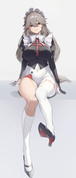 1girl alexandrina_sebastiane asymmetrical_legwear black_footwear black_gloves black_shirt bow bowtie breasts commentary covered_navel english_commentary fingernails frilled_hairband frills full_body gloves grey_hair hair_between_eyes hairband high_heels highres juliet_sleeves kneehighs large_breasts long_hair long_sleeves looking_at_viewer maid_headdress parted_lips partially_fingerless_gloves puffy_sleeves red_eyes reulem shirt single_kneehigh single_sock single_thighhigh sitting socks solo thighhighs very_long_hair white_bow white_bowtie white_socks white_thighhighs zenless_zone_zero