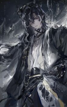 Rule 34 | 1boy, absurdres, arknights, black hair, brown eyes, chest tattoo, commentary, cowboy shot, dragon boy, dragon horns, heterochromia, highres, horns, long hair, male focus, multicolored hair, pointy ears, solo, streaked hair, tattoo, wang (arknights), white eyes, zeyal li hai