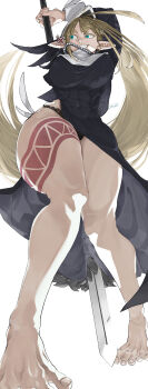 absurdres barefoot breasts commentary cross cross_necklace elf feet gibril_(isekai_samurai) highres holding holding_polearm holding_weapon isekai_samurai jewelry long_hair long_pointy_ears necklace nun pakupaku_keema pointy_ears polearm signature smile spear toes weapon white_background