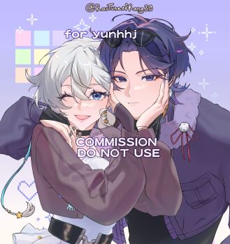 1boy 1girl belt black_belt black_choker black_shirt blue_eyes blunt_ends breast_pocket brown_sleeves cheek_press choker closed_mouth colored_eyelashes commission commissioner_insert commissioner_name couple cropped_jacket crosshair dress earrings eyelashes eyeliner eyeshadow eyewear_on_head feather_earrings feathers frilled_dress frills fringe_trim fur_scarf genshin_impact hair_between_eyes hair_intakes half_crown_braid halterneck hand_on_another's_shoulder hands_on_another's_cheeks hands_on_another's_face heads_together heart heart_earrings hetero highres jacket jewelry layered_sleeves lipgloss long_sleeves looking_at_another makeup o-ring oc_x_canon one_eye_closed open_clothes open_jacket open_mouth original parted_bangs pocket pom_pom_(clothes) pom_pom_earrings purple_background purple_eyes purple_hair purple_jacket purple_scarf ravtuneofrang39 red_eyeliner red_eyeshadow red_lips ring scaramouche_(genshin_impact) scarf shirt short_hair sparkle string sunglasses tongue tsurime twitter_username undershirt vgen_commission white_dress white_hair yellow_feathers