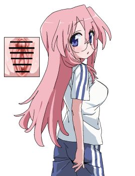 Rule 34 | 1girl, bar censor, blue eyes, breasts, censored, close-up, cowboy shot, cut-in, from behind, from side, gaping, glasses, gym shirt, gym uniform, highres, long hair, looking at viewer, looking back, lucky star, medium breasts, open mouth, pants, parted lips, pink hair, purple eyes, pussy, shirt, short sleeves, shorts, simple background, solo, standing, t-shirt, takara miyuki, tamaya, white background, white shirt