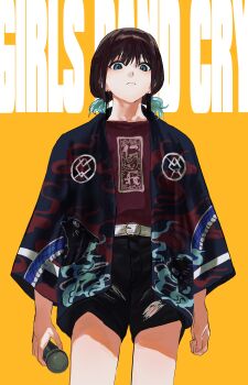 1girl absurdres aqua_hair arms_at_sides belt black_shorts blue_eyes brown_hair closed_mouth copyright_name cowboy_shot earrings from_below girls_band_cry happi hashtag-only_commentary highres holding holding_microphone iseri_nina japanese_clothes jewelry kuuhaku_to_catharsis looking_at_viewer looking_down low_twintails microphone multicolored_hair open_happi print_shirt rainbow_hose red_shirt shirt short_hair short_twintails shorts solo twintails two-tone_hair white_belt yellow_background