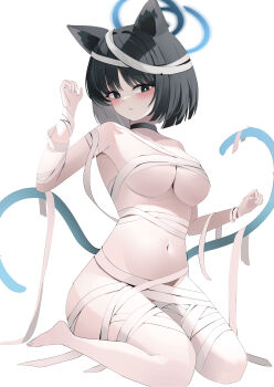 1girl absurdres alternate_costume animal_ear_fluff animal_ears bandaged_arm bandaged_chest bandaged_head bandaged_leg bandages barefoot black_choker black_eyes black_hair blue_archive blue_halo blunt_ends blush bob_cut breasts bright_pupils cat_ears cat_girl cat_tail choker cleavage closed_mouth commentary full_body hair_between_eyes halloween_costume halo hands_up highres kikyou_(blue_archive) large_breasts light_smile looking_at_viewer lunar_(pixiv53683306) multiple_tails mummy_costume naked_bandage navel short_hair simple_background sitting solo stomach symbol-only_commentary tail tail_raised thighs two_tails underboob volleyball wariza white_background white_pupils