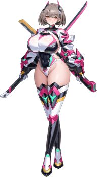 1girl breasts curvy full_body highleg highleg_leotard holding holding_sword holding_weapon huge_breasts kamioji_rua leotard lilith-soft looking_at_viewer multicolored_leotard revealing_clothes shiny_skin short_hair smile sword taimanin_(series) taimanin_rpgx thick_thighs thighs transparent_background tsune-sensei weapon wide_hips