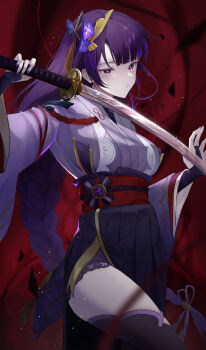 1girl absurdres alternate_costume arm_up blurry blurry_background braid bridal_gauntlets closed_mouth commentary_request fan_hair_ornament flower genshin_impact gradient_hair hair_flower hair_ornament hair_ribbon head_tilt highres holding holding_sword holding_weapon japanese_clothes katana kimono light_blush light_particles lingerie long_braid long_hair long_sleeves m_ywarld mole mole_under_eye multicolored_hair purple_eyes purple_kimono purple_nails purple_ribbon purple_thighhighs raiden_shogun red_background red_sash ribbon sash shade single_braid solo standing streaked_hair sword thighhighs underwear upper_body weapon wide_sleeves