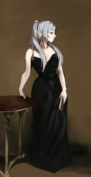bare_shoulders black_dress book closed_mouth dress earrings elf frieren green_eyes highres holding holding_book jewelry long_hair pointy_ears sleeveless solo sousou_no_frieren taiyang_yu teardrop_earrings twintails white_hair