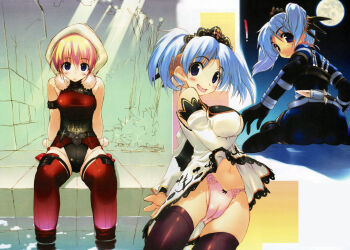 absurdres amazuyu_tatsuki ass blonde_hair blue_eyes blue_hair blush bow bow_panties breast_hold breasts cameltoe from_behind full_moon headdress highleg highleg_panties highres knife looking_back moon night panties pink_panties purple_eyes sitting soaking_feet split_screen thighhighs tongue twintails underwear water