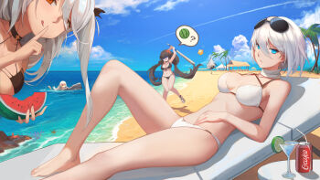 5girls alternate_costume azur_lane barefoot baseball_bat beach bikini black_hair blindfold blue_eyes blue_sky blush breasts can chair choker cleavage cocktail_glass collarbone cross cross_earrings cup day deutschland_(azur_lane) drink_can drinking_glass earrings finger_to_mouth flag_print flag_print_bikini floatie food fruit german_flag_bikini graf_zeppelin_(azur_lane) groin hair_between_eyes highres holding holding_baseball_bat holding_bat holding_food jewelry large_breasts leaning_forward linzhong_de_xiongbaobao long_hair looking_at_viewer lounge_chair low_twintails lying multicolored_hair multiple_girls navel ocean outdoors palm_tree print_bikini prinz_eugen_(azur_lane) prinz_eugen_(unfading_smile)_(azur_lane) red_hair sand sandals scarf short_hair shushing silver_hair sky soda_can stomach streaked_hair suikawari swimsuit table thighs tirpitz tirpitz_(azur_lane) tirpitz_(snow-melting_summer)_(azur_lane) tree twintails two_side_up very_long_hair wading watermelon waves white_bikini yellow_eyes z46_(azur_lane)