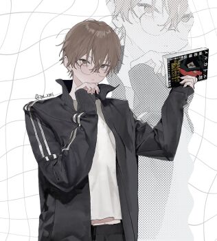 1boy black_jacket black_pants book brown_eyes brown_hair closed_mouth commentary different_zoom_layer glasses hair_between_eyes halftone hand_on_own_chin hands_up highres holding holding_book jacket long_sleeves looking_at_viewer male_focus midriff_peek ml_rmi open_clothes open_jacket original pants round_eyewear shirt short_hair sleeves_past_wrists solo symbol-only_commentary track_jacket twitter_username white_shirt