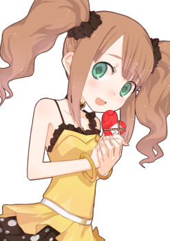 1girl bare_shoulders blush bracelet brown_hair choker dress female_focus green_eyes heart idolmaster idolmaster_(classic) jewelry long_hair smile solo symbol-shaped_pupils takatsuki_yayoi tank_(artist) twintails
