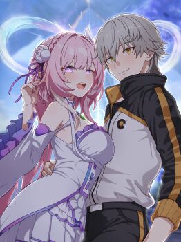 1boy 1girl absurdres amphoreus_(honkai:_star_rail) bare_shoulders black_pants breasts caelus_(honkai:_star_rail) commentary_request cosplay cyrene_(honkai:_star_rail) cyrene_(ripples_of_past_reverie)_(honkai:_star_rail) diamond-shaped_pupils diamond_(shape) dress emilia_(re:zero) emilia_(re:zero)_(cosplay) flower grey_hair hair_flower hair_ornament hand_on_another&#039;s_back highres honkai:_star_rail honkai_(series) jacket large_breasts long_hair milliani mobius_strip multicolored_jacket natsuki_subaru natsuki_subaru_(cosplay) open_mouth pants pink_hair purple_eyes re:zero_kara_hajimeru_isekai_seikatsu short_hair smile symbol-shaped_pupils teeth trailblazer_(honkai:_star_rail) two-tone_jacket upper_teeth_only very_long_hair white_dress yellow_eyes