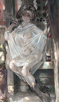 1girl absurdres black_hair boots braid breasts brown_boots convenient_censoring covered_erect_nipples female_pubic_hair flower fur-trimmed_gloves fur_trim gloves groin hands_up highres lace-up_boots light_smile long_hair looking_at_viewer medium_breasts naked_raincoat navel original parted_lips pubic_hair puddle rain raincoat red_eyes reflection reflective_liquid ripples see-through_clothes see-through_raincoat shibari soleil_(soleilmtfbwy03) solo stomach thighhighs twin_braids water wet wet_clothes wet_hair white_thighhighs wringing_hair