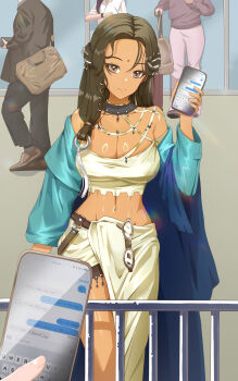 1girl 4others absurdres asymmetrical_clothes bare_shoulders bindi black_choker black_hair blue_coat breasts cellphone choker cleavage coat dark-skinned_female dark_skin eyewear_hang facial_mark forehead_mark glasses grey_eyes hair_ornament hand_up highres holding holding_phone kaalaa_baunaa large_breasts long_hair looking_at_viewer midriff multiple_others navel off_shoulder pants people phone pov pov_hands railing reverse:1999 ring_hair_ornament shirt single_pantsleg smartphone smile solo_focus taylor_(41848077) unworn_eyewear yellow_pants yellow_shirt