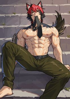 1boy abs alternate_costume animal_ear_fluff artist_name barefoot belt biceps black_belt black_hair black_necktie black_tail brown_hair commentary english_commentary feet green_pants highres komano_manato looking_at_viewer male_focus mouth_hold multicolored_hair muscular muscular_male navel necktie necktie_in_mouth nipples open_clothes pants pectorals red_hair scar scar_on_chest scar_on_face short_hair shoucchi96 sitting sitting_on_stairs solo stairs sweat topless_male two-tone_hair variant_set veins veiny_arms zenless_zone_zero