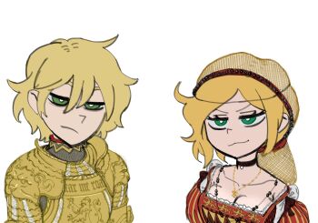 1boy 1girl a_song_of_ice_and_fire absurdres armor black_choker blonde_hair breasts brother_and_sister cersei_lannister choker cleavage collarbone dress frown green_eyes highres jaime_lannister medium_breasts nemlei_(style) parody puffy_sleeves red_dress siblings smile style_parody the_coffin_of_andy_and_leyley trait_connection twins wass_nonnam