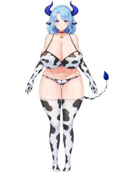 1girl absurdres animal_collar animal_ears animal_print arms_at_sides bell bikini blue_eyes blue_hair blue_pupils blush breasts bright_pupils closed_mouth collar collarbone cow_ears cow_girl cow_horns cow_print cow_print_bikini cow_print_gloves cow_print_thighhighs cow_tail cowbell cream_cod dot_nose elbow_gloves full_body gloves highres horn_ornament horns huge_breasts indie_virtual_youtuber lips looking_at_viewer miilkywayz mole mole_on_breast mole_under_eye mole_under_mouth multicolored_bikini official_art parted_bangs print_bikini print_gloves print_thighhighs purple_horns red_collar sidelocks solo standing star-shaped_pupils star_(symbol) straight-on swimsuit symbol-shaped_pupils tachi-e tail tareme thigh_gap thighhighs transparent_background two-tone_bikini virtual_youtuber wide_hips