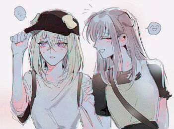 Rule 34 | 2girls, animal ears, bang dream!, bang dream! it's mygo!!!!!, baseball cap, black hat, blonde hair, blush, closed eyes, commentary, crossed bangs, dog ears, dog girl, ears through headwear, hair between eyes, hat, interlocked fingers, kemonomimi mode, long hair, maybecrosswise, medium hair, misumi uika, multiple girls, open mouth, purple eyes, shirt, short sleeves, sidelocks, simple background, sumimi (bang dream!), sumita mana, sweatdrop, upper body, white background, white shirt, yuri