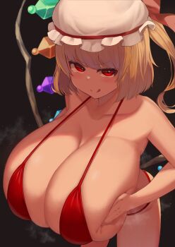 1girl absurdres alternate_breast_size_(larger) bikini blonde_hair breasts cleavage closed_mouth collarbone facominn flandre_scarlet gigantic_breasts hat highres huge_breasts long_hair looking_at_viewer oppai_loli red_bikini smile solo standing swimsuit tongue tongue_out touhou wings