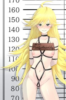 Rule 34 | 1girl, absurdres, arms behind back, bar censor, bdsm, blonde hair, bondage, bound, bound arms, breasts, censored, collar, commentary request, earrings, eyeshadow, female focus, green eyes, hana-ko (kahun9893), harness, highres, jewelry, long hair, makeup, mugshot, navel, nipples, nude, panty &amp; stocking with garterbelt, panty (psg), prison, prisoner, pussy, pussy juice, restrained, slave, smile, standing, sweatdrop