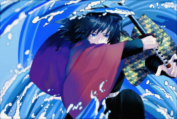 1boy belt black_hair black_jacket black_pants blue_eyes commentary_request demon_slayer_uniform empty_eyes haori high_collar highres holding holding_sword holding_weapon jacket japanese_clothes katana kikkoumon kimetsu_no_yaiba long_hair looking_at_viewer low_ponytail male_focus pants ponytail print_haori red_haori solo spiked_hair sword tanindonchan tomioka_giyuu water weapon white_belt