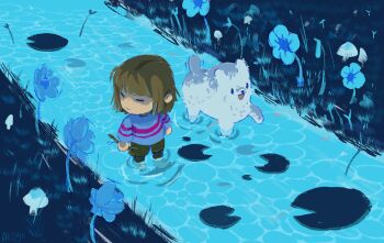 1other absurdres annoying_dog black_shorts blue_flower blue_shirt brown_hair commentary dog double_horizontal_stripe english_commentary flower frisk_(undertale) highres holding holding_stick lily_pad long_sleeves mraklujii mushroom shirt short_hair shorts stick striped_clothes striped_shirt undertale utdr_(toby_fox) wading water