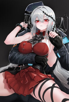 1girl 1other absurdres arknights ascot bare_arms bare_shoulders black_ascot black_gloves blush breasts commentary doctor_(arknights) dress gloves grey_hair highres hug hug_from_behind large_breasts long_hair looking_at_viewer mildt red_dress red_eyes skadi_(arknights) skadi_the_corrupting_heart_(arknights) sleeveless sleeveless_dress thighs