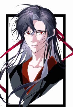 Rule 34 | 1boy, ahoge, bishounen, black hair, black hanfu, border, chinese clothes, chinese commentary, closed mouth, collarbone, commentary request, hair between eyes, hair down, hair ribbon, half updo, hanfu, highres, inset border, long hair, looking at viewer, loxunzixin31122, male focus, modao zushi, official alternate hairstyle, portrait, red eyes, red ribbon, ribbon, sidelocks, simple background, smile, solo, upper body, wei wuxian, wei wuxian (yiling laozu), white background