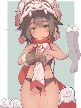 1girl absurdres bare_shoulders black_hair black_panties black_sports_bra breasts clothesline commentary_request cowboy_shot dark-skinned_female dark_skin expressionless gloves gluteal_fold green_eyes haruka_kanata_(togassi1) highres medium_breasts notice_lines original panties red_scarf scarf short_hair single_glove skull_on_head socks solo spoken_object sports_bra thigh_gap underwear unworn_socks wet wringing_clothes