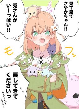 +_+ 1girl :d animal animal_on_head blush cloak collared_shirt commentary_request flower green_cloak hair_flower hair_ornament hasunosora_fantasy heart highres hinoshita_kaho holding holding_animal holding_rabbit link!_like!_love_live! long_sleeves love_live! medium_hair momiji_(moj_0404) motion_lines on_head open_mouth orange_hair rabbit rabbit_on_head rabbit_on_shoulder shirt simple_background smile tassel too_many too_many_rabbits translated two_side_up white_background white_flower white_shirt