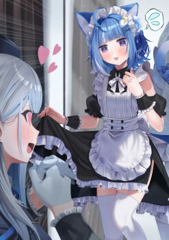 2girls :3 :d absurdres ahoge alternate_costume amagai_ruka animal_ears apron blue_bow blue_hair blush bow cat_ears cat_girl cat_tail commentary_request date_shari fang frills gloves grey_hair heart highres indie_virtual_youtuber kurageu_roa looking_at_another maid maid_apron maid_headdress multicolored_hair multiple_girls nervous_sweating open_mouth purple_eyes smile speech_bubble sweat tail tail_ornament thighhighs virtual_youtuber weather_planet white_gloves white_thighhighs