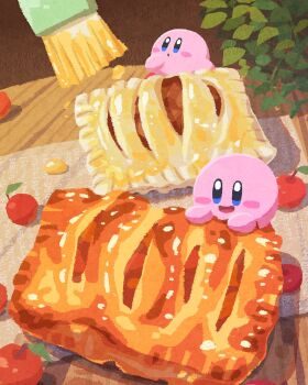 apple apple_pie blue_eyes blush_stickers commentary food fruit highres kirby kirby_(series) miclot nintendo no_humans open_mouth pie smile