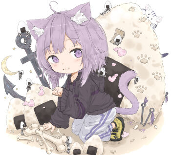 1girl :3 absurdres ahoge animal_ear_fluff animal_ears black_hoodie bone cat_ears cat_girl cat_tail closed_mouth commentary_request highres hololive hood hood_down hoodie looking_at_viewer medium_hair nekomata_okayu nekomata_okayu_(1st_costume) onigirya_(nekomata_okayu) pants paw_pose purple_eyes purple_hair shoes smile solo tail u_da_desu virtual_youtuber white_pants yellow_shoes