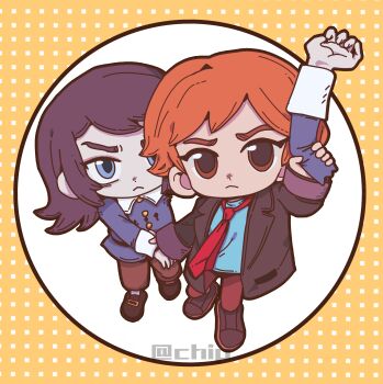 1boy 1girl abaddon_(haunted_hotel) absurdres blue_coat blue_eyes brown_coat brown_eyes brown_hair chibi chinese_commentary coat commentary_request esther_freeling haunted_hotel highres holding_hands holding_limb necktie noecho orange_hair polka_dot polka_dot_background red_necktie severed_arm severed_limb yellow_background