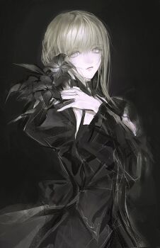 1girl 8knff absurdres artoria_pendragon_(fate) black_background black_dress black_flower blonde_hair dress fate/grand_order fate/stay_night fate_(series) flower highres holding holding_flower looking_at_viewer saber_alter simple_background solo updo upper_body yellow_eyes