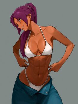 1girl abs absurdres bikini bleach blue_pants breasts cleavage collarbone commentary dark-skinned_female dark_skin english_commentary grey_background grin highres long_hair looking_at_viewer navel open_fly pants ponytail purple_hair shihouin_yoruichi simple_background sira_(si12o2) smile solo swimsuit white_bikini yellow_eyes