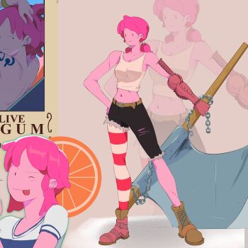 1girl :p adventure_time alternate_costume asymmetrical_legwear axe back bare_arms bare_back bare_shoulders belt beta_design boots breasts brown_belt brown_footwear chain collarbone cosplay crop_top crossover female_focus full_body hand_on_own_hip highres holding holding_weapon legs_apart low_twintails medium_breasts midriff multiple_views nami_(one_piece) nami_(one_piece)_(cosplay) nami_(one_piece)_(east_blue) navel official_alternate_costume one_eye_closed one_piece pink_hair princess_bonnibel_bubblegum projected_inset prosthesis prosthetic_arm prototype_design retrotheartist scar scar_on_arm scar_on_leg shirt short_shorts short_twintails shorts single_thighhigh skinny sleeveless sleeveless_shirt smile solid_oval_eyes standing striped_clothes striped_thighhighs tank_top thighhighs tongue tongue_out twintails vambraces wanted_poster weapon white_tank_top wink