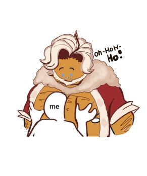 1boy 1other arm_hair artist_self-insert bara beard between_pecs between_pectorals blank_eyes blue_eyes chest_hair chibi cookie_run cookie_run:_ovenbreak cropped_torso eggnog_cookie english_text facial_hair head_between_pecs head_between_pecs_(meme) highres large_pectorals male_focus mature_male meme muscular muscular_male mustache pectoral_grab pectorals santa_costume short_hair thick_eyebrows upper_body whensoulscollide white_hair