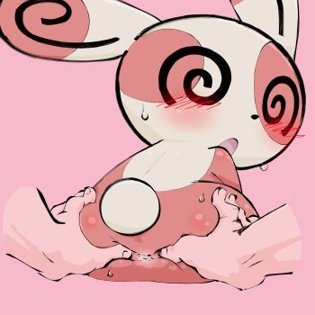 1girl :o @_@ absurdres animal_ears animal_nose anus ass back black_eyes blush body_fur disembodied_hand female_focus from_behind furry furry_female furry_with_non-furry gen_3_pokemon grabbing_another&#039;s_ass groping highres interspecies leaning_forward looking_at_viewer looking_back nintendo open_mouth pink_background pokemon pokemon_(creature) red_fur red_leopard short_tail simple_background sitting solo_focus spinda spreading_another&#039;s_anus sweat tail two-tone_fur