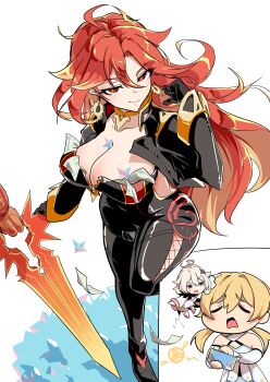 3girls a_thousand_blazing_suns_(genshin_impact) absurdres banknote black_bodysuit black_gloves black_jacket blonde_hair bodysuit breasts cleavage closed_eyes closed_mouth commentary_request earrings genshin_impact gloves greatsword grey_hair highres holding holding_wallet jacket jewelry large_breasts long_hair looking_at_viewer lumine_(genshin_impact) maki-kun mavuika_(genshin_impact) money multiple_girls open_mouth paimon_(genshin_impact) primogem red_eyes red_hair smile solo_focus sword tucked_money wallet weapon white_background