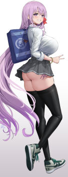 1girl : ass bb_(fate) black_choker black_thighhighs blue_bag blush bracelet breasts choker collared_shirt curvy fate/extra fate/grand_order fate_(series) from_behind full_body grey_skirt grin hair_ribbon highres huge_breasts jewelry long_hair long_sleeves looking_at_viewer looking_back microskirt miniskirt nike_(company) panties pleated_skirt ponytail purple_eyes purple_hair red_ribbon ribbon shirt shirt_tucked_in shoes side-tie_panties signature simple_background skirt smile sneakers solo standing teeth thick_thighs thighhighs thighs thong underwear uo_denim v very_long_hair white_background white_shirt wide_hips