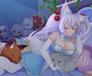 animal_ears bed breasts cleavage fox_ears fox_girl fox_tail kirsche kirsche_verstahl sleeping solo tail virtual_youtuber vtuber_fox