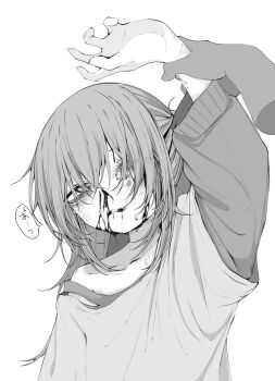 1girl abuse bags_under_eyes bleeding blood blood_on_face bruise commentary_request crying disembodied_hand greyscale highres holding_another's_wrist humiliation injury long_hair looking_at_viewer monochrome mushoku_loli mushoku_loli_(character) nosebleed one_eye_closed original self-harm_scar shirt simple_background single_bare_shoulder solo_focus tears translation_request upper_body white_background